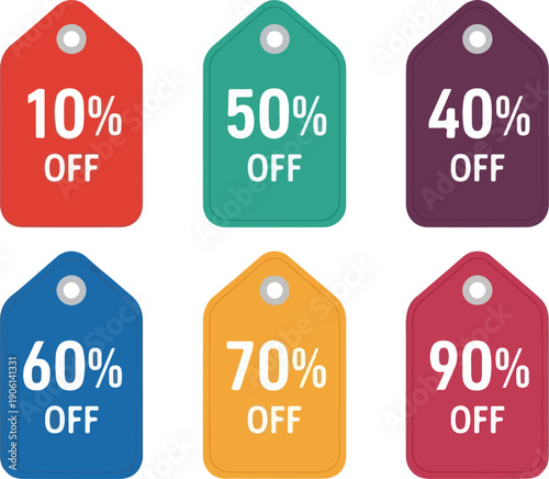 Assorted discount tags with varying percentage offers displayed in a grid arrangement