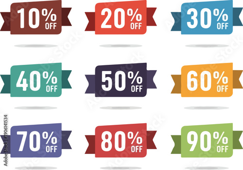 Assorted discount banners showcasing various percentage offers from 10 to 90 percent off displayed together