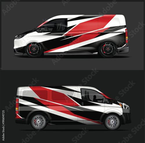 Red black and white van with racing stripes on a dark background