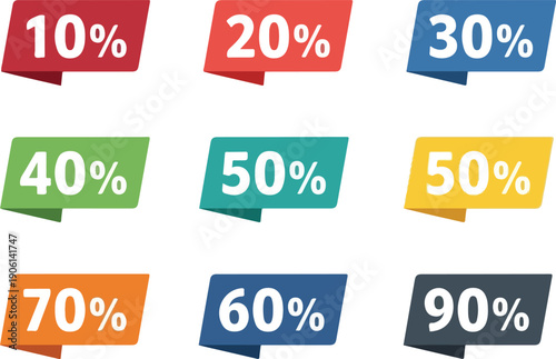 Collection of colorful percentage labels arranged in a grid pattern on a neutral background, viewed from directly above