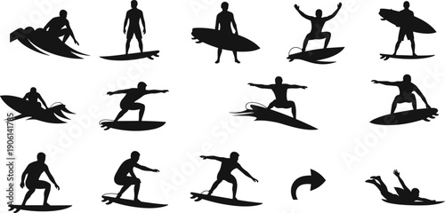 Surfing action silhouette vector set showing surfers riding waves in dynamic poses with surfboards isolated on white background for sport, beach, and ocean design