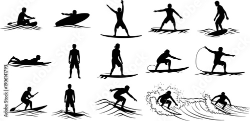 Surfing action silhouettes set showing surfers riding waves in multiple poses, extreme ocean water sports illustration isolated on white background for beach and adventure design