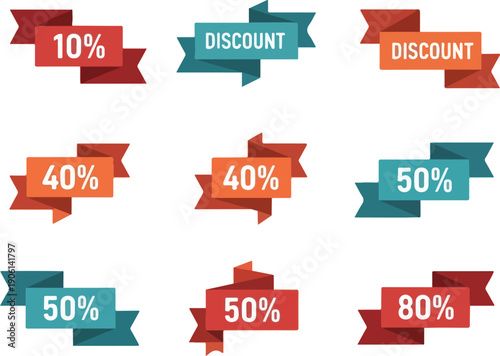 Assorted discount tags and banners in various percentages and colors arranged in a grid pattern