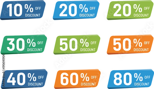 Assorted discount labels showcasing various percentage reductions in a grid pattern