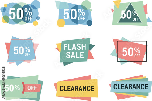 Assorted sale banners and stickers with discount offers and clearance labels displayed together