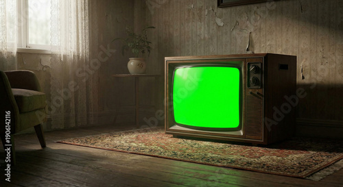 Wallpaper Mural Vintage television with a vibrant green screen in a dimly lit, retro room with old furniture, offering a nostalgic feel for replacement content. Torontodigital.ca