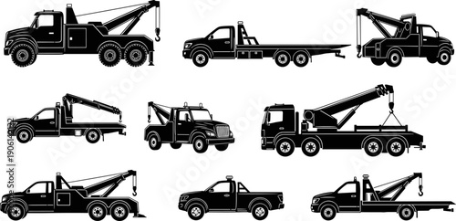Tow truck and recovery vehicle silhouettes collection featuring flatbed wreckers crane trucks and roadside assistance transport for automotive towing service vector illustration set
