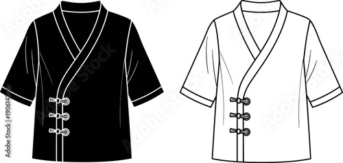 Traditional Asian wrap shirt silhouette and outline illustration, martial arts and cultural clothing design with frog buttons, minimalist fashion vector art isolated on white background