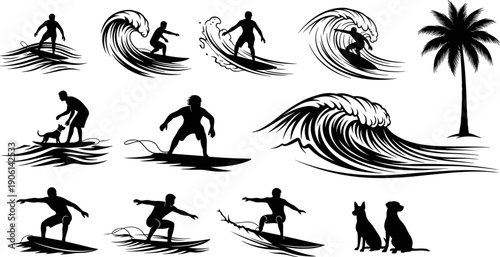 Surfing silhouettes illustration set with surfers riding powerful ocean waves, beach lifestyle elements and tropical vibes, dynamic water sports artwork isolated on white background