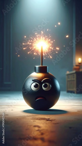 Cartoon Bomb with Lit Fuse and Sparkler in a Dark Room.