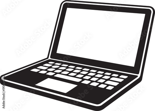 Modern laptop with rounded edges, thick-lined black and white vector illustration