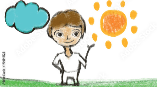 A child's drawing in pastel or crayon of a standing boy or child. Above the character is a cloud and a sun.