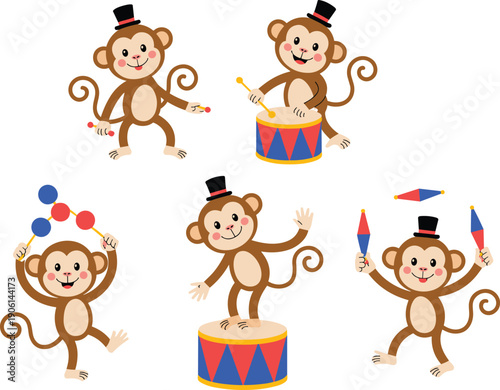 Cute circus monkey vector illustration set with juggling, drumming, and performing monkeys wearing hats for kids entertainment and fun design