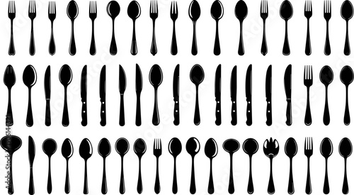 Cutlery silhouette vector collection, forks spoons knives variations set, kitchen dining utensils illustration, classic flatware shapes isolated on white background