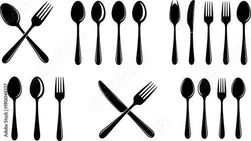 Cutlery silhouette vector set, spoons forks knives collection, black and white tableware icons illustration for restaurant menus, kitchen design, dining branding