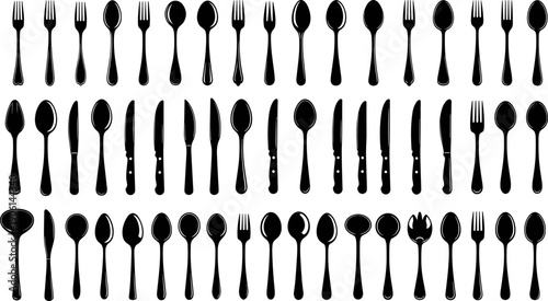 Cutlery silhouette vector set, forks spoons knives collection, kitchen tableware illustration, classic dining utensil shapes isolated on white background