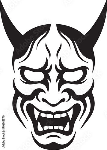 Stylized Hannya mask with tribal-inspired accents and hollow eyes, aggressive and high-contrast black and white vector illustration