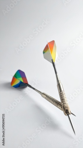 Two colorful darts with rainbow flights lying on a clean white surface, ready for a game of precision and skill.