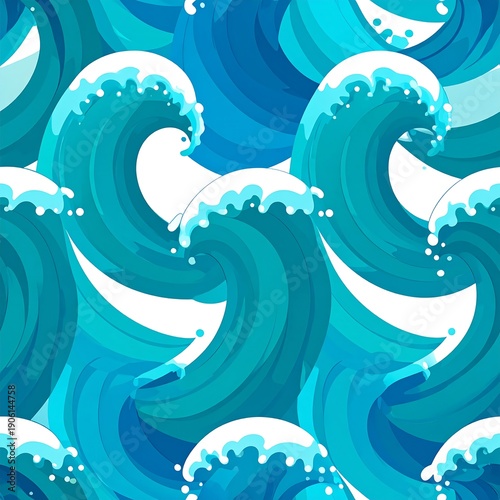Seamless, repeating pattern of stylized, turquoise ocean waves with white foam crests
