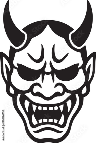 Angry Japanese Hannya mask with curved horns and intense scowl, menacing and bold black and white vector illustration