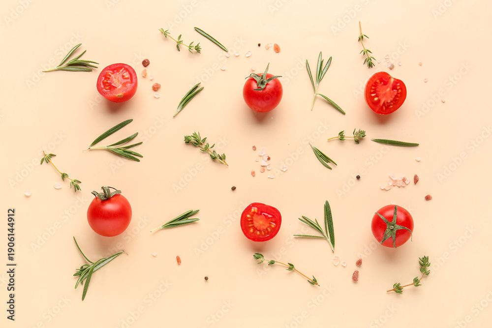 Obraz premium Composition with ripe cherry tomatoes and spices on beige background