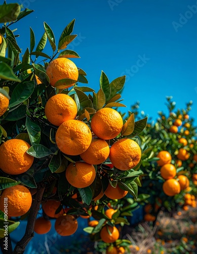 Vibrant Orange Grove with Ripe Citrus Fruits Under a Clear Blue Sky.