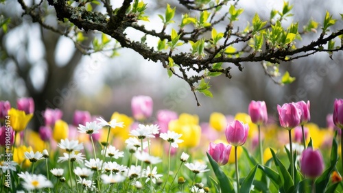 Spring garden blooms: vibrant pink tulips and daisies under lush branches.
