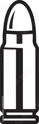 Elongated rifle bullet with a tapered neck and rounded projectile, industrial and technical black and white vector illustration