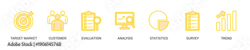 Market Research Lineal Yellow Icon Set For Web Banner. Vector Illustration Concept With Some Icons. Designed In Line Color Style