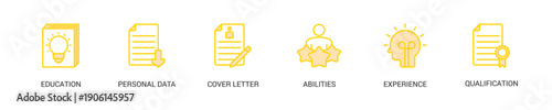 Curriculum Vitae Lineal Yellow Icon Set For Web Banner. Vector Illustration Concept With Some Icons. Designed In Line Color Style