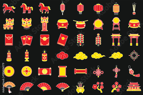 Vibrant collection of traditional Chinese New Year celebration icons and symbols, perfect for cultural event designs and festive projects