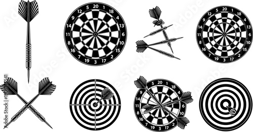 Dartboard and darts silhouette vector set, target board collection with arrows, black sport game illustration isolated on white background for design use