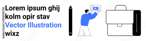 Man holding video player, pencil, and briefcase symbolizing work, creativity, productivity. Ideal for business, education, media, content creation planning organization simple landing page