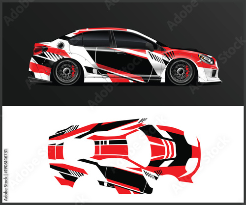 Red white and black racing car with decal design