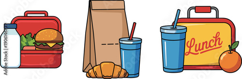 Delicious lunch box vector illustration with sandwich, juice, milk bottle, croissant, and orange, perfect for school meal design concept