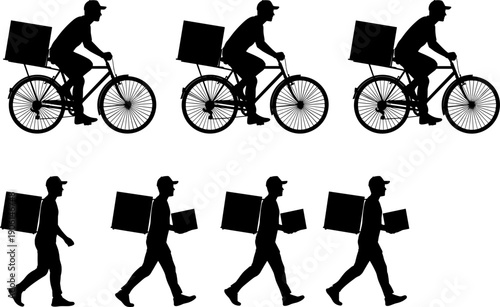 Delivery courier silhouettes collection, bicycle riders and walking workers carrying parcels and boxes, last mile logistics transportation scene, black vector illustration isolated on white background