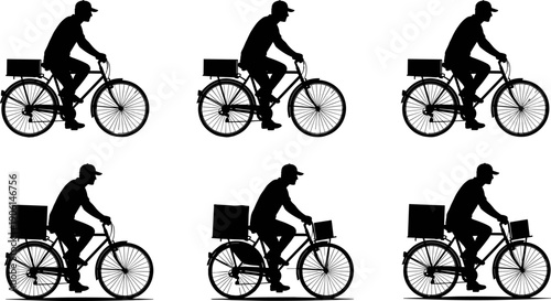 Delivery cyclist silhouettes collection, courier riding bicycle with cargo box poses, urban logistics transportation scene, black vector illustration isolated on white background