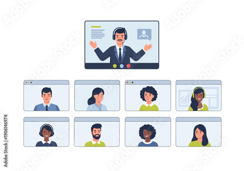 Diverse team participating in an online video conference with a male speaker leading the virtual meeting