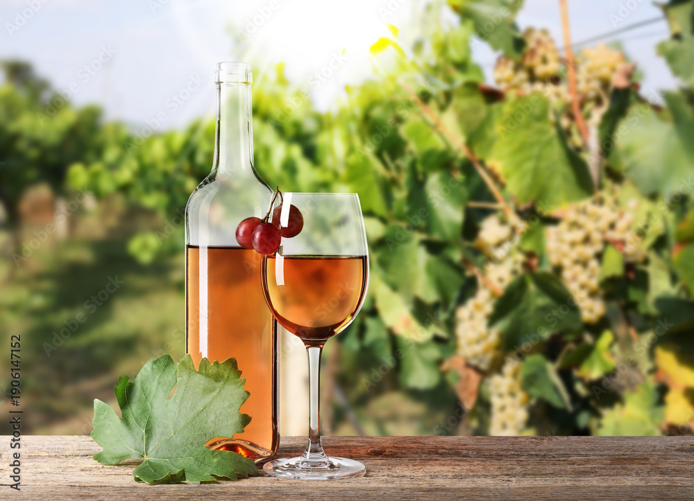 Fototapeta premium Wine in glass and bottle on table in vineyard