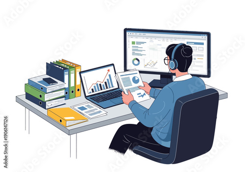 Professional business analyst at a desk reviewing financial data and market research reports on multiple digital screens