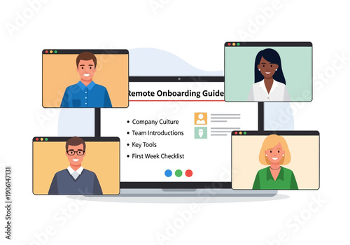 Business professionals on a video conference call for a new employee's remote onboarding and orientation