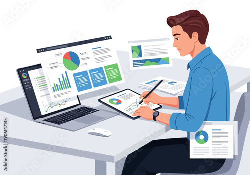 Businessman analyzing interactive data visualization dashboards with charts and graphics on a laptop and tablet at his desk