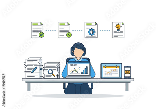 Vector illustration of a businesswoman at her desk managing a multi-stage project workflow and analyzing financial data reports