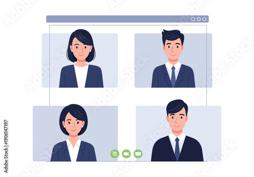 Vector illustration of a business team on a video conference call for a remote work meeting and online communication