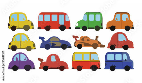 Colorful cartoon cars vector set in hand drawn doodle style for kids room and fabric