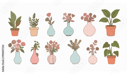 Cozy home flowers and vases vector set with hand drawn bouquets and potted plants