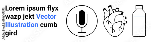 Communication, heart health, sustainability, fitness, medical diagrams, audio recording. A microphone, anatomical heart and bottle. Communication and heart health concepts are