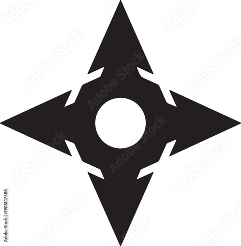 Four-pointed throwing star shuriken, sharp geometric black and white vector illustration