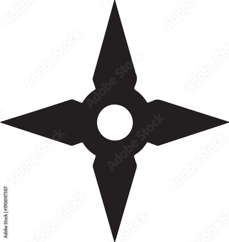 Sharp four-pointed shuriken with tapered blades, minimalist black and white vector illustration