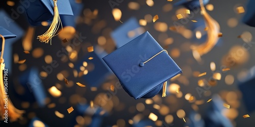 A joyful graduation scene featuring graduates in caps and gowns amidst flying confetti.